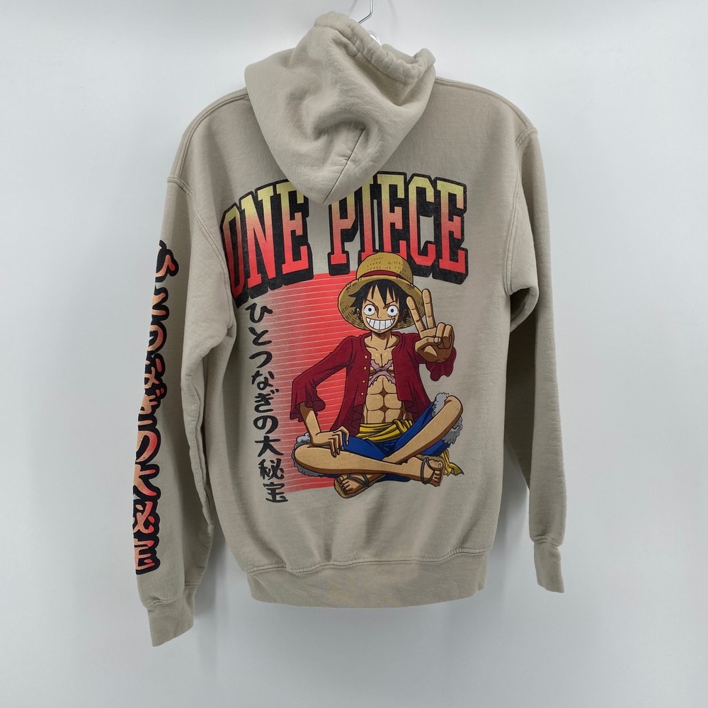 One Piece Anime Luffy Graphic Hoodie Tan Mens Small Streetwear Sweatshirt - Picture 3 of 7